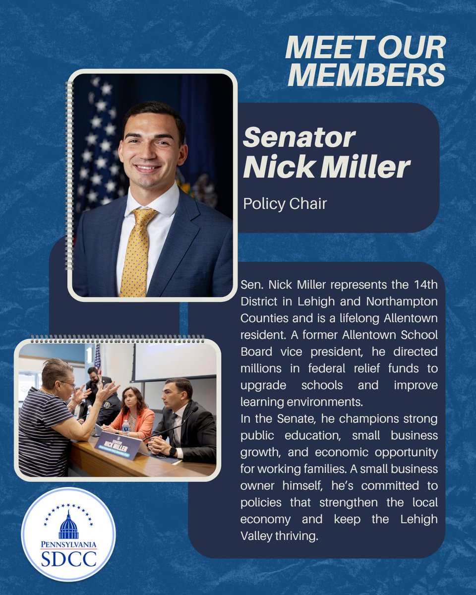 PaSDCC's tweet image. Allentown proud. Education advocate. Small business owner. @SenNickMiller is building a stronger Lehigh Valley—one school, one family, one job at a time. 📚🏫💼 #PA14 #LehighValleyStrong #PublicService