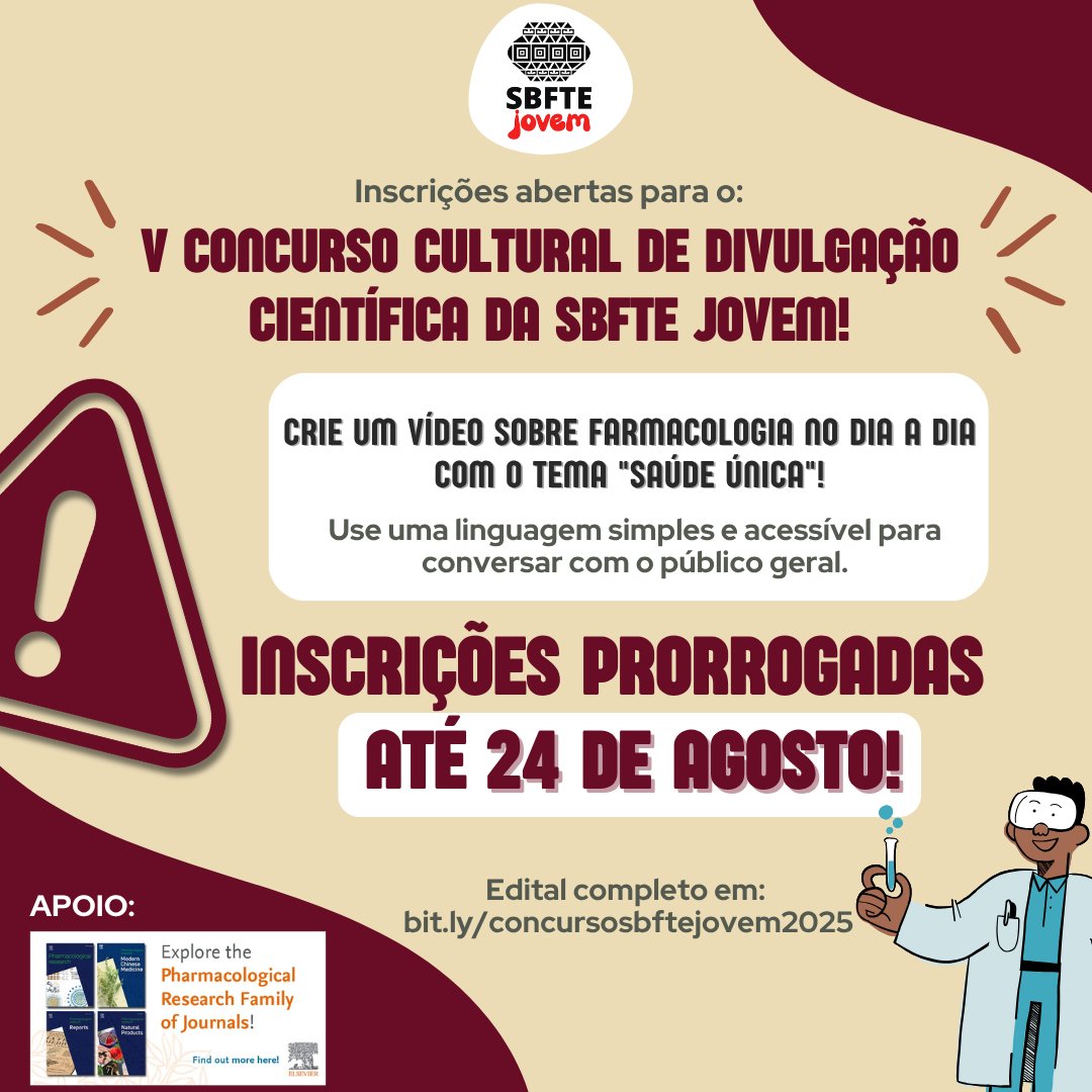 📢 Atenção, jovens cientistas: inscrições prorrogadas até 24 de agosto de 2025!

🗓️ Foram prorrogadas, até o dia 24 de agosto, as inscrições para o V Concurso Cultural de Divulgação Científica da SBFTE Jovem. 

👉 Saiba mais no edital: bit.ly/concursosbftej…