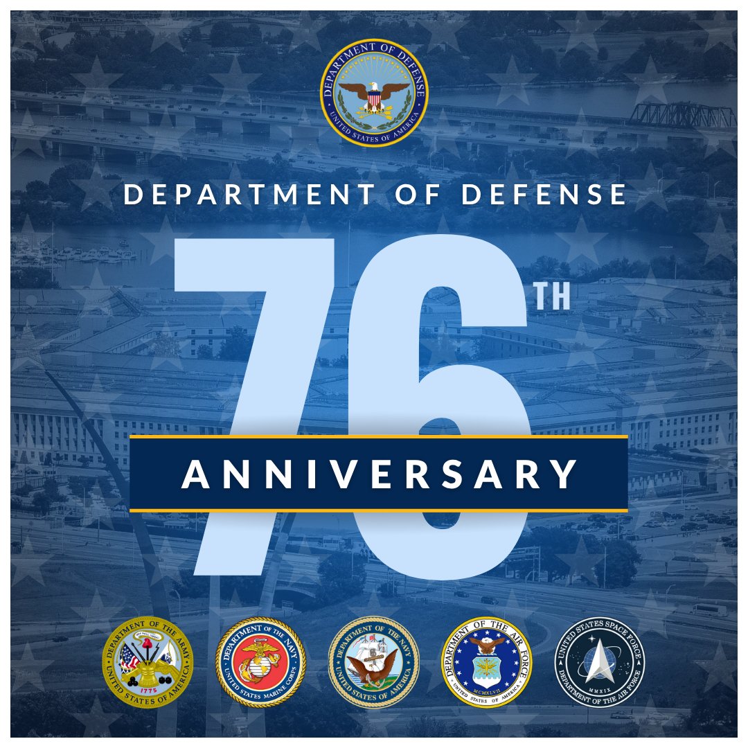 DoD_Outreach's tweet photo. Happy Birthday to the #DOD! 🎉

Today we’re celebrating 76 years of protecting and safeguarding our nation and its people. Thank you to all the men and women in uniform who serve with pride, dedication and excellence.

#DOD76 #PeaceThroughStrength https://t.co/j2Um05Xm5k