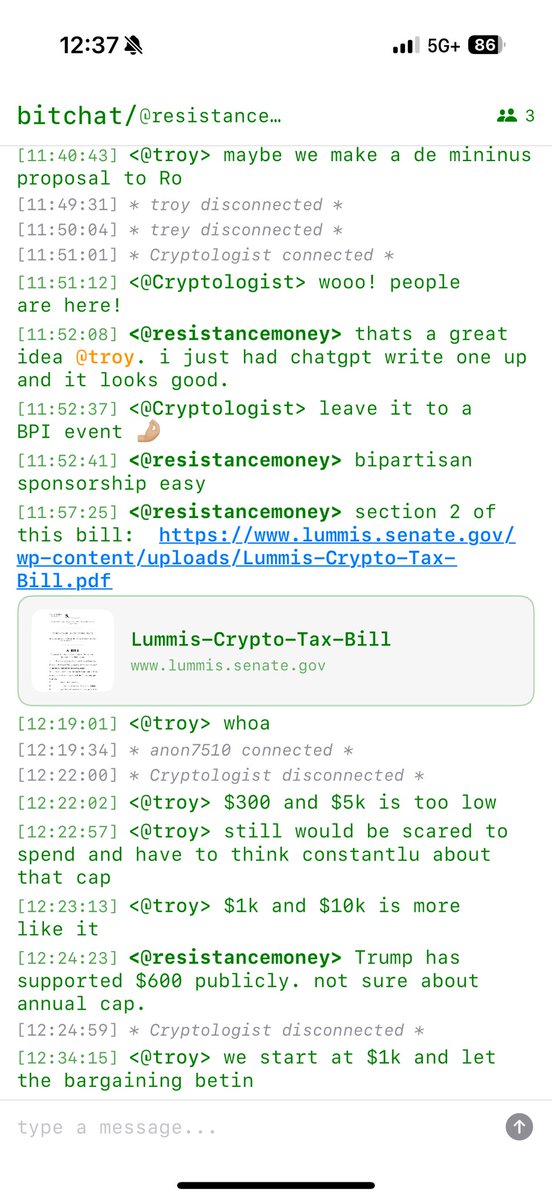 Bradley Rettler (@rettlerb) on Twitter photo Great bitchat conversation at the <a href="/btcpolicyorg/">Bitcoin Policy Institute</a> undergrad research symposium. 6 people at its height.
Connections came and went, DMs with <a href="/thetrocro/">Troy Cross</a> were spotty — only a one-character one went through — but overall a really cool tool. Great bitchat conversation at the <a href="/btcpolicyorg/">Bitcoin Policy Institute</a> undergrad research symposium. 6 people at its height.
Connections came and went, DMs with <a href="/thetrocro/">Troy Cross</a> were spotty — only a one-character one went through — but overall a really cool tool.