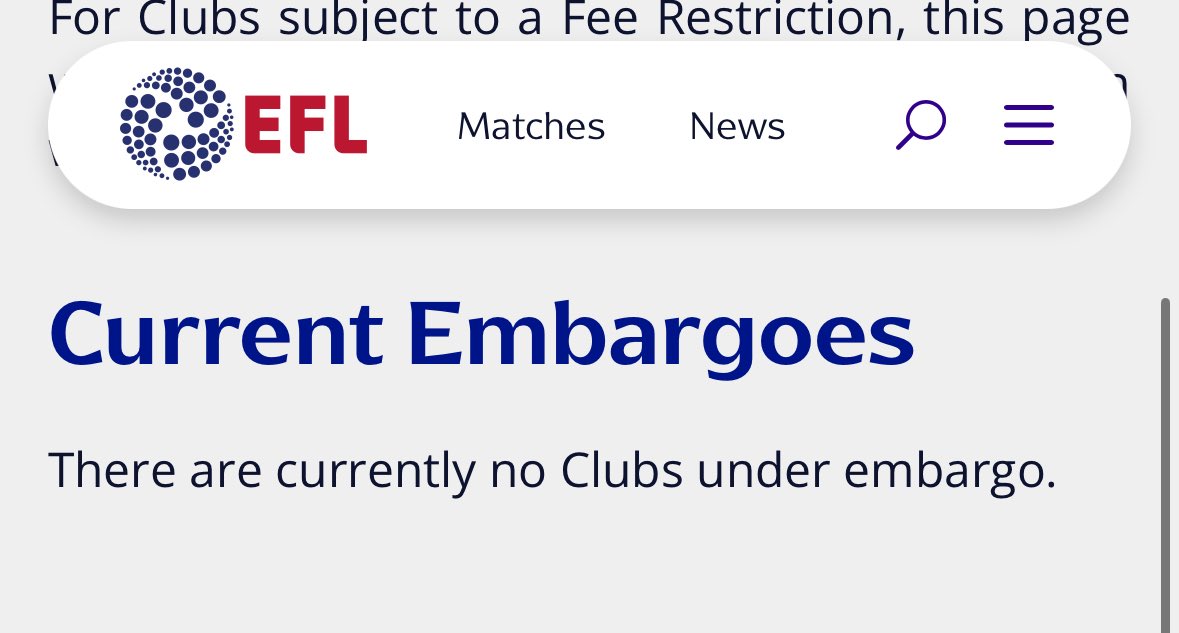 Sheffield Wednesday are no longer under embargo…

Squad limit and wage cap are now no longer relevant, but the fee restriction remains.