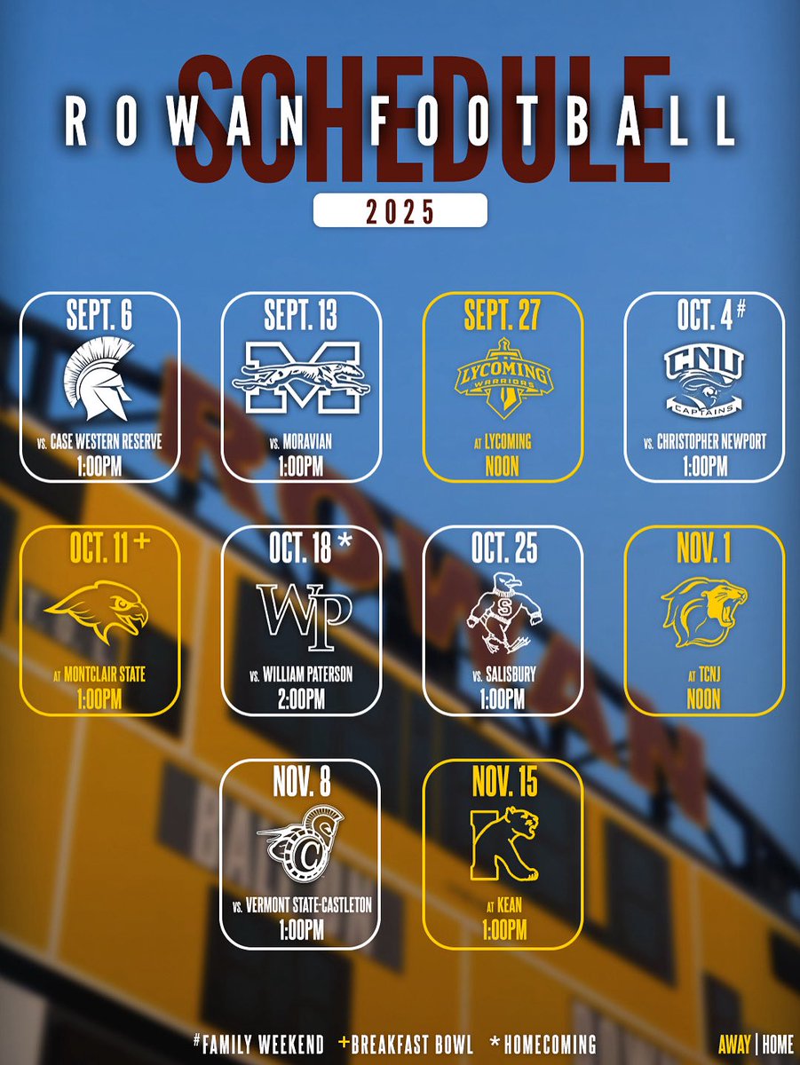 Rowan Athletics (@rowanathletics) on Twitter photo Just around the corner🦉🏈
Your 2025 Rowan Football Schedule.
<a href="/Rowan_Football/">Rowan Football</a> | <a href="/NJACSports/">NJAC Sports</a> | #GoProfs Just around the corner🦉🏈
Your 2025 Rowan Football Schedule.
<a href="/Rowan_Football/">Rowan Football</a> | <a href="/NJACSports/">NJAC Sports</a> | #GoProfs