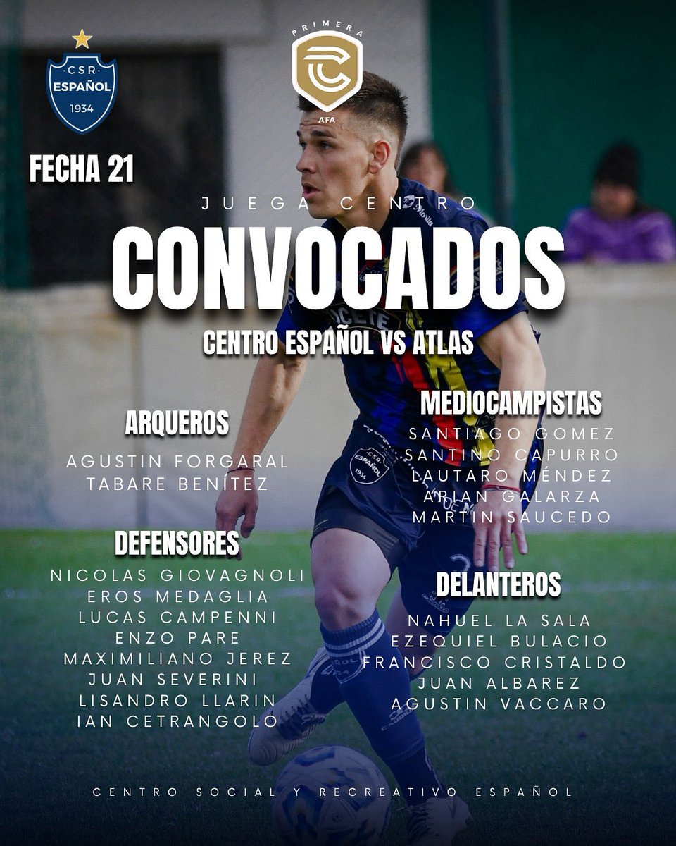 Estos son los convocados por Sergio Geldstein para recibir a Atlas , por la fecha 21 de la Primera C - 🔵⚪️.

#VamosCentro #CentroEspañol #primerac