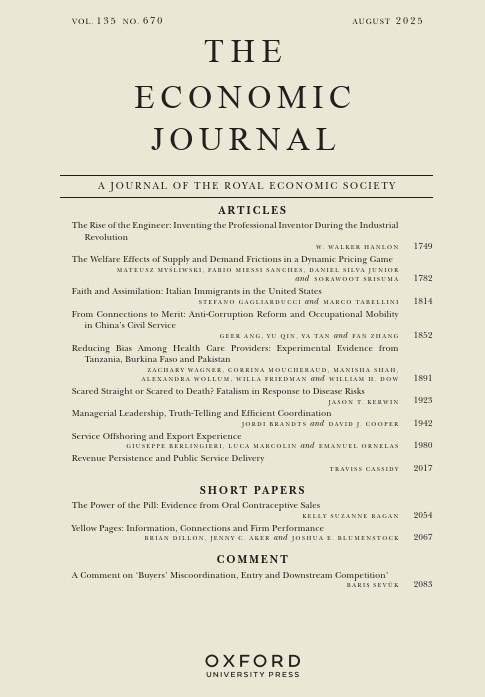 The Economic Journal (@ej_res) on Twitter photo Hot off the press!
The August issue is out now.
Featuring ‘The Rise of the Engineer: Inventing the Professional Inventor During the Industrial Revolution’ by W Walker Hanlon <a href="/NUEconomics/">Northwestern Economics</a> <a href="/RoyalEconSoc/">Royal Economic Society</a> <a href="/OxfordJournals/">Oxford Journals</a> <a href="/OUPSocSci/">OUP Social and Behavioural Sciences</a> #EconTwitter
👉bit.ly/4ftxD8D Hot off the press!
The August issue is out now.
Featuring ‘The Rise of the Engineer: Inventing the Professional Inventor During the Industrial Revolution’ by W Walker Hanlon <a href="/NUEconomics/">Northwestern Economics</a> <a href="/RoyalEconSoc/">Royal Economic Society</a> <a href="/OxfordJournals/">Oxford Journals</a> <a href="/OUPSocSci/">OUP Social and Behavioural Sciences</a> #EconTwitter
👉bit.ly/4ftxD8D