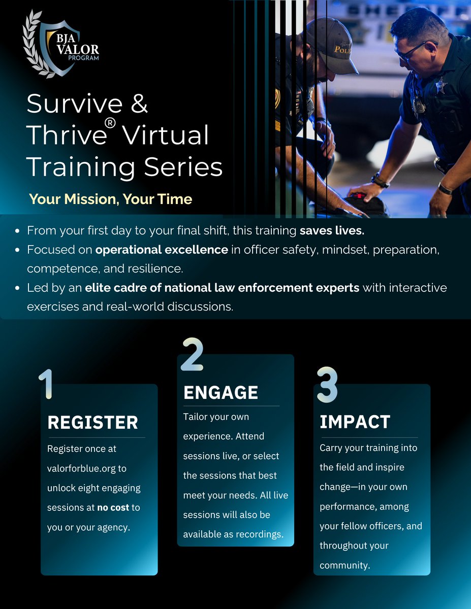 SAFLEOprogram's tweet image. 🚔 New VALOR Newsletter! Explore Our Latest Virtual Training Series. Our newest 10-session virtual training is designed to equip officers at all levels with the skills and strategies to survive and thrive!
🔗 Register &amp;amp; Learn More in the VALOR Newsletter:
createsend.com/t/t-33ED6DD3B1…