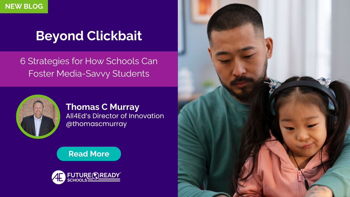 Future Ready (@futureready) on Twitter photo 📱 Kids spend up to 9 hours a day on digital media—but are they equipped to think critically about what they consume?
In his latest blog, <a href="/thomascmurray/">Thomas C. Murray</a> shares 6 ways schools can build media-savvy students.
📖 Read: all4ed.org/blog/beyond-cl…
#MediaLiteracy #FutureReady 📱 Kids spend up to 9 hours a day on digital media—but are they equipped to think critically about what they consume?
In his latest blog, <a href="/thomascmurray/">Thomas C. Murray</a> shares 6 ways schools can build media-savvy students.
📖 Read: all4ed.org/blog/beyond-cl…
#MediaLiteracy #FutureReady