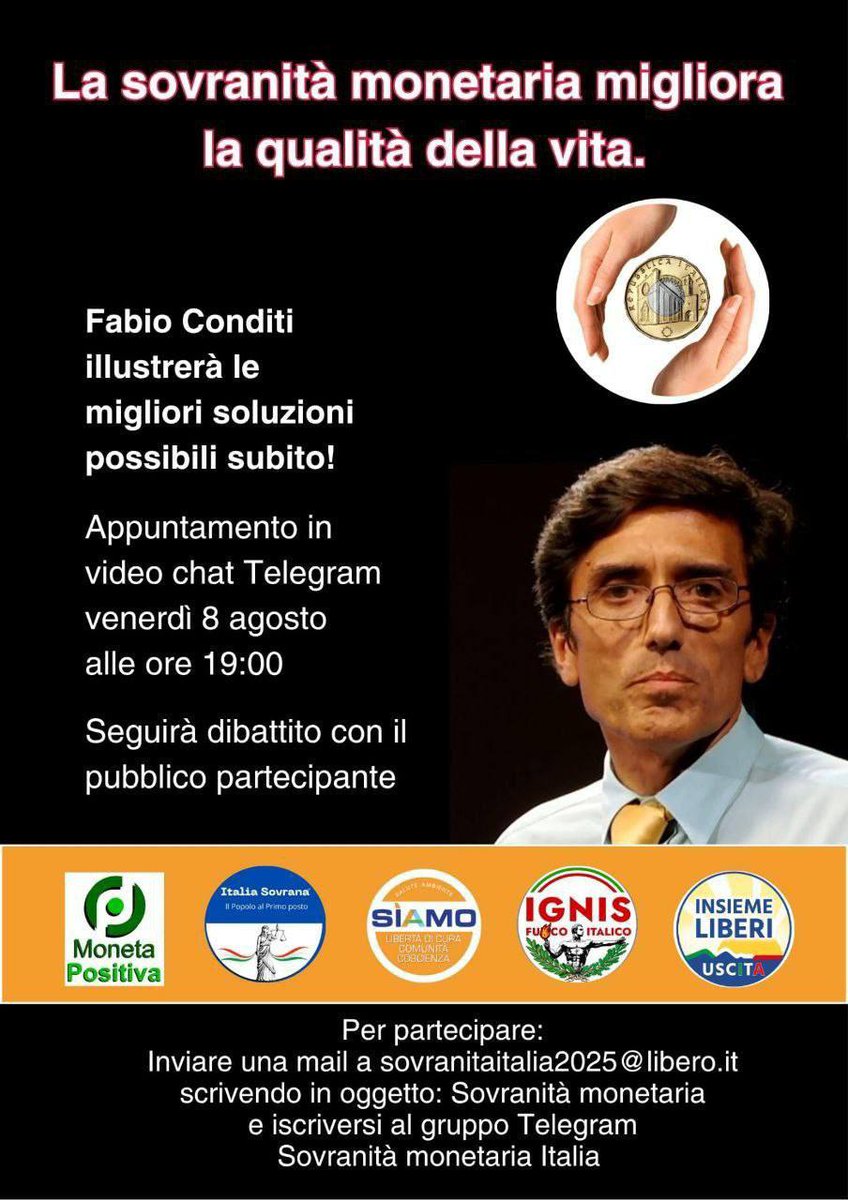 Alle ore 19 di #OGGI venerdì #8agosto 2025 siamo tutti invitati online all'incontro in videoconferenza (promosso da #MonetaPositiva #InsiemeLiberi #IGNIS #SìAmo #ItaliaSovrana) con 

Fabio CONDITI
(Presidente dell'associazione "Moneta Positiva")

al LINK:
meet.google.com/dvj-tcrm-pwu