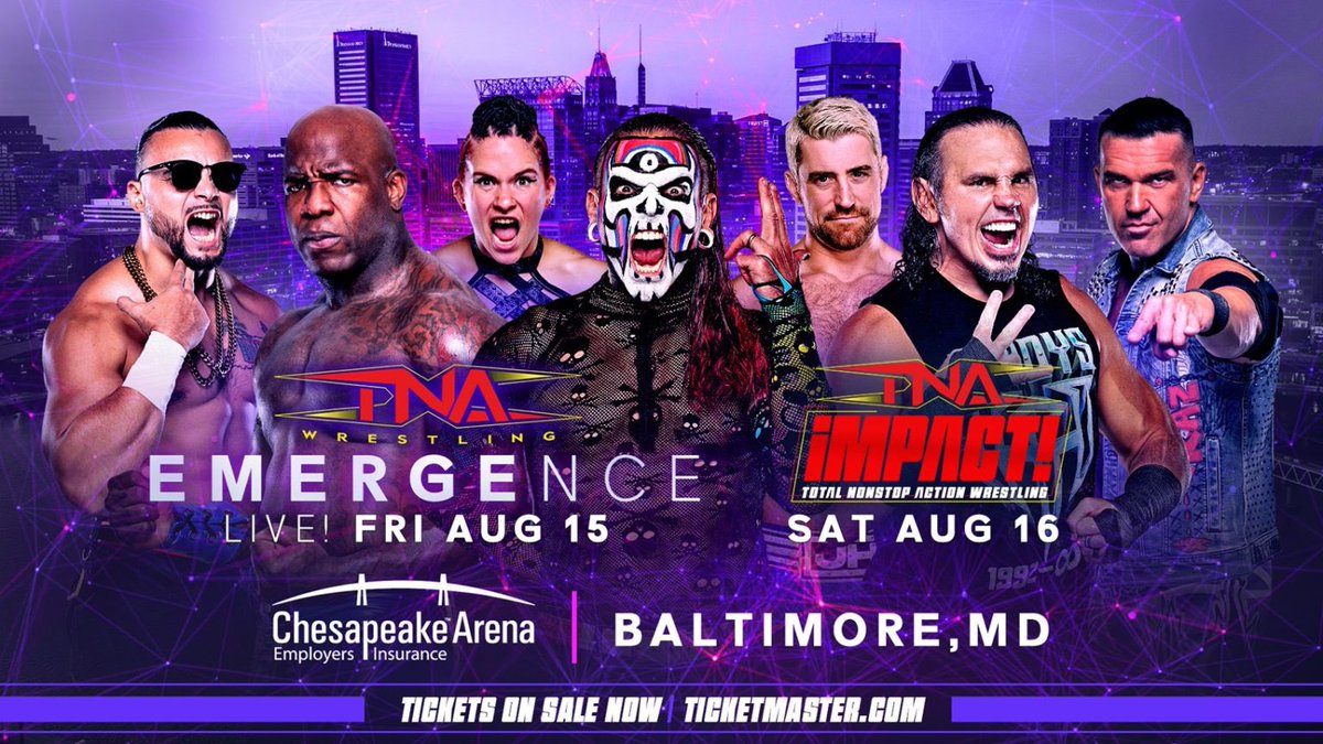 Skyzz (@thejohnskyler) on Twitter photo BALTIMORE
<a href="/ThisIsTNA/">TNA Wrestling</a> is coming next week for TWO full days of Total Nonstop Action! Don’t miss out!
Emergence Live: Friday, August 15th
iMPACT Taping: Saturday, August 16th
Chesapeake Employers Insurance Arena in Baltimore, MD. Tickets are on-sale now at BALTIMORE
<a href="/ThisIsTNA/">TNA Wrestling</a> is coming next week for TWO full days of Total Nonstop Action! Don’t miss out!
Emergence Live: Friday, August 15th
iMPACT Taping: Saturday, August 16th
Chesapeake Employers Insurance Arena in Baltimore, MD. Tickets are on-sale now at