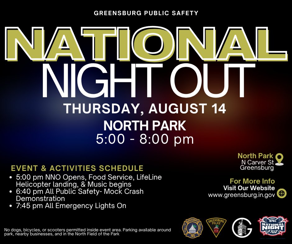 National Night Out – Aug 14, 5–8 PM @ North Park! 
Free pork chops, hot dogs, snow cones 🍽 DJ 🎶 helicopter 🚁 &amp; a 6:40 PM mock crash demo 🚔🚒 Plus “All Lights On” finale at 7:45 ✨ No dogs/bikes/scooters.