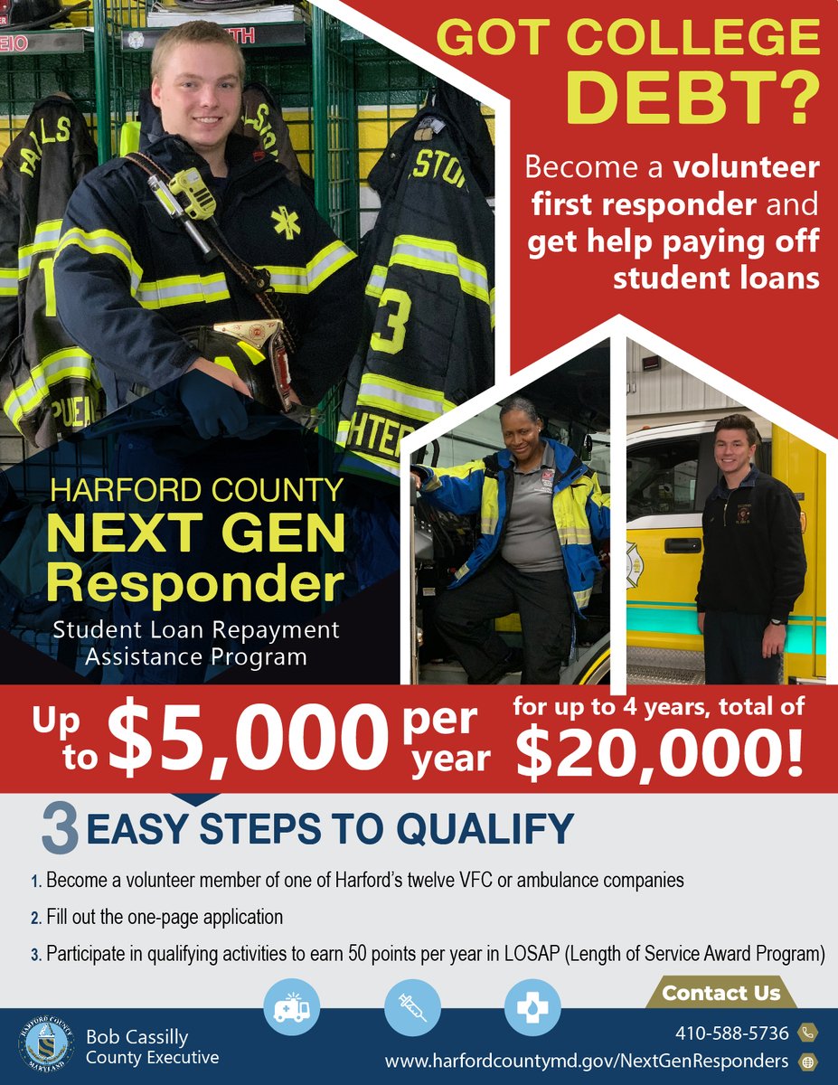 A new school year begins soon. For help with tuition, become a Harford volunteer first responder. If you already volunteer, you may be eligible for tuition aid for current classes or outstanding loans. The application deadline for this LOSAP year (Oct. 1-Sept. 30) is October 1.