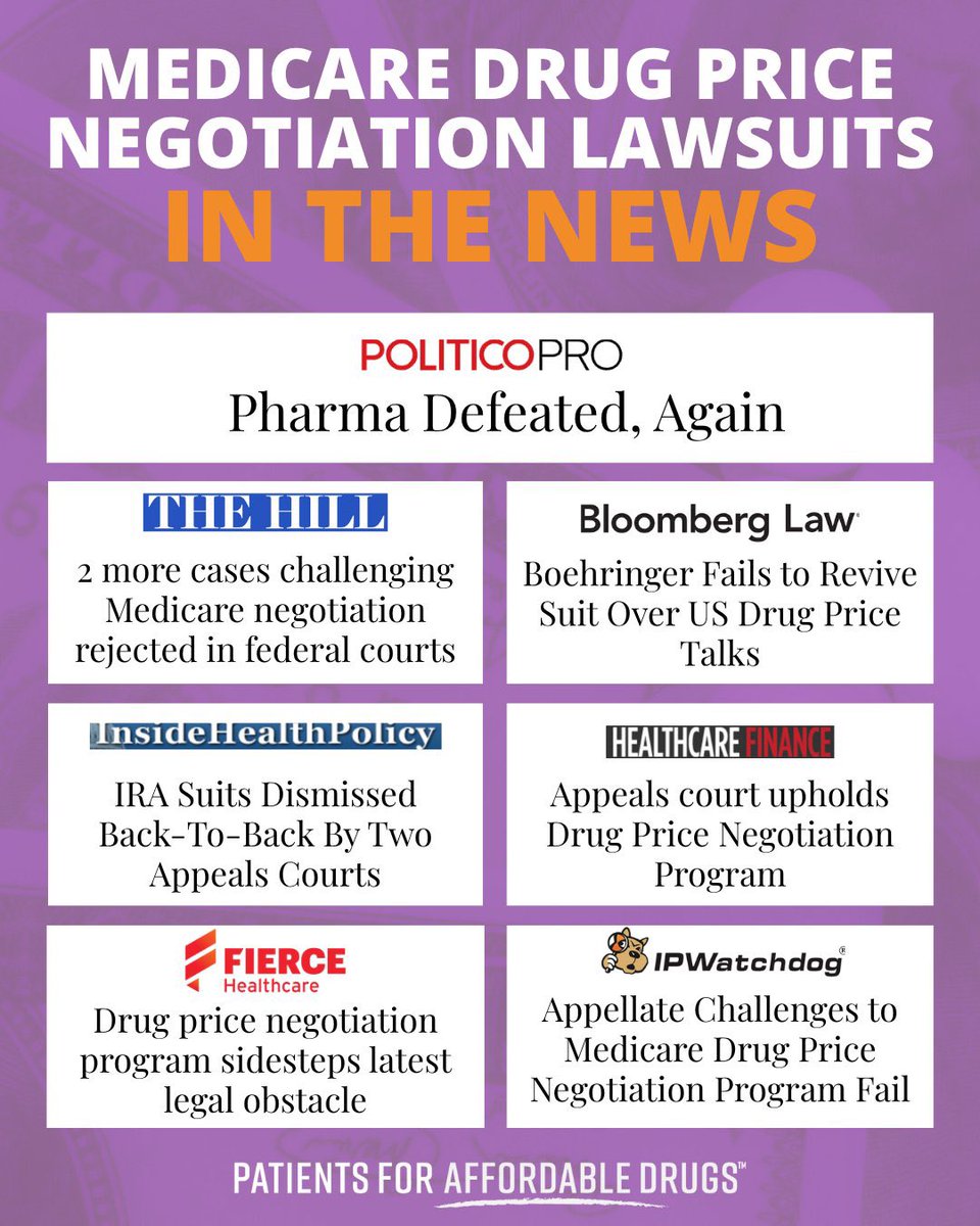 P4AD_'s tweet image. Here's a roundup of some good coverage of the Medicare drug price negotiation lawsuits. In just 48 hours, federal courts delivered three major defeats to Big Pharma's lawsuits against Medicare negotiation. These rulings are a huge win for patients, reinforcing that this…