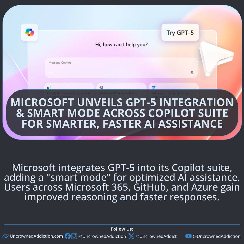 Microsoft integrates GPT-5 into its Copilot suite, adding a "smart mode" for optimized AI assistance. Users across Microsoft 365, GitHub, and Azure gain improved reasoning and faster responses.

#MicrosoftGPT5 #AIIntegration #CopilotSmartMode