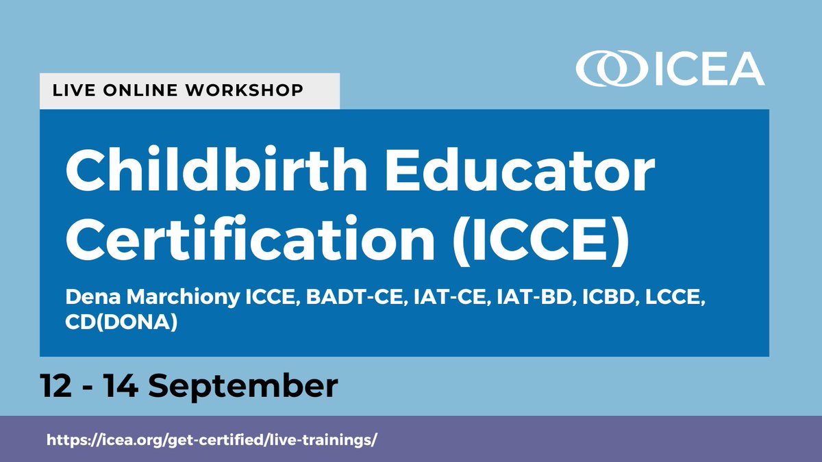 Dena Marchiony is hosting a live online class to become certified as a Childbirth Educator from 12 - 14 September. Dena has over 25 years of experience and is ready to help you on your pathway!

🔗Learn More: icea.org/event/icea-cer…