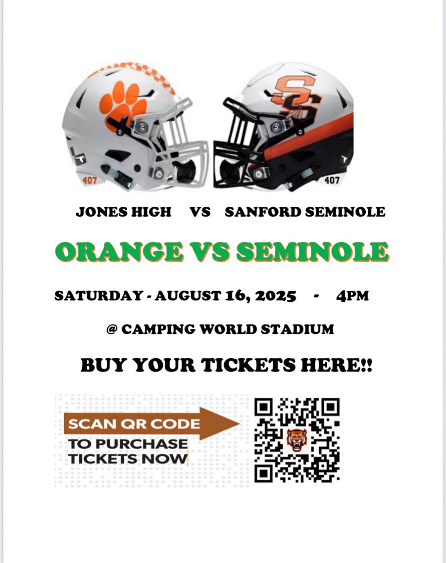 Two nationally ranked teams running it back again! Jones HS vs Seminole HS(Sanford FL)! Next Saturday August 16th 2025 4PM @ Camping World Stadium Orlando Fl! You can get your tickets here! Or by this link eventbrite.com/e/jones-vs-san… Sanford lets pack it out! 🧡🖤🤍🏈🔥 #Bokey