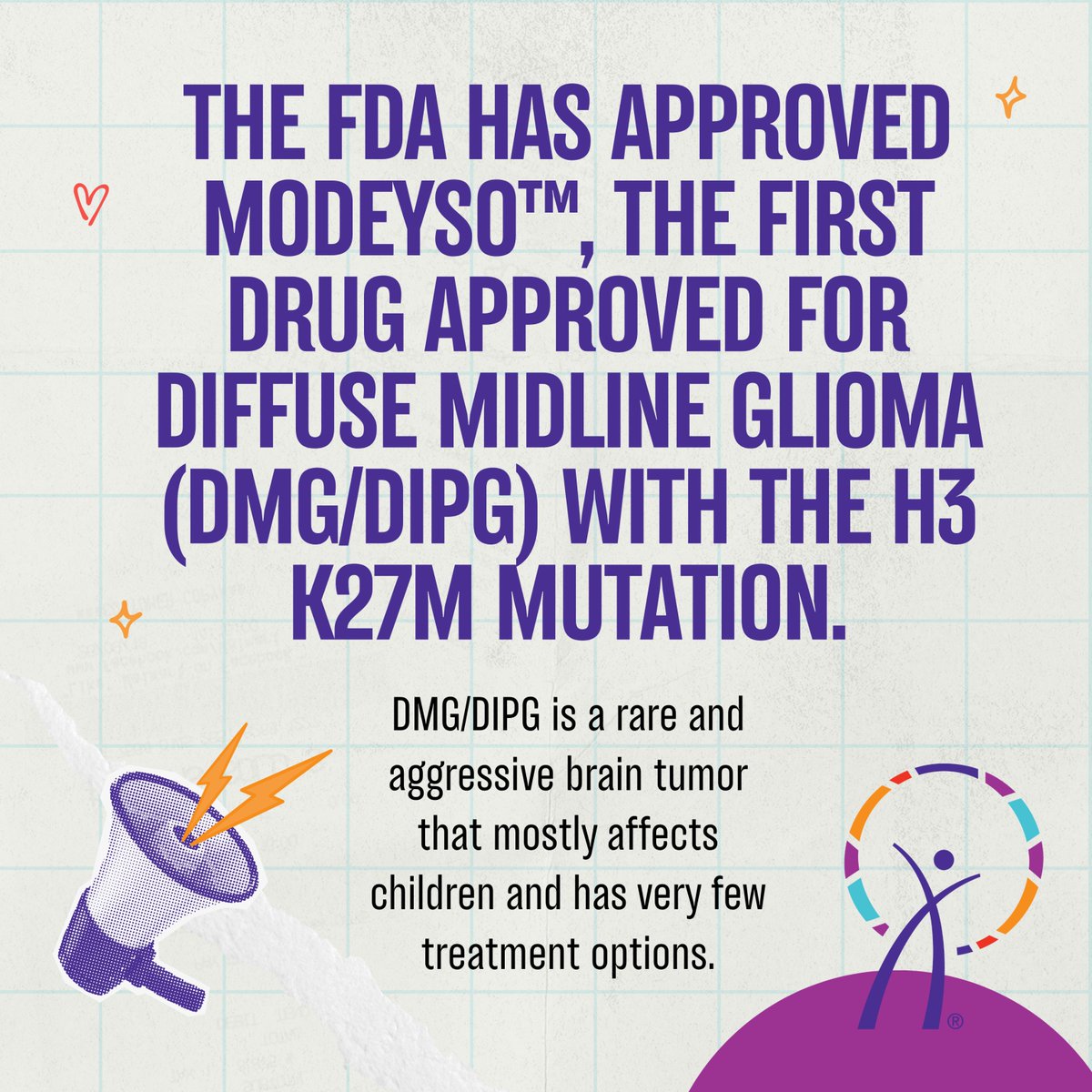 BREAKING: The FDA has approved Modeyso™ (dordaviprone), the first drug for diffuse midline glioma (DIPG) with the H3 K27M mutation. DMG/DIPG is a rare and aggressive brain tumor that mostly affects children and young adults.

This is a long-awaited step forward for a devastating