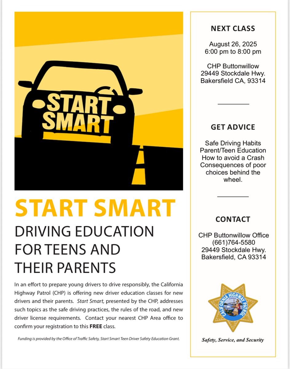 CHPButtonwillow's tweet image. The next Start Smart class is scheduled for Tuesday, August 26, 2025, at 6pm at the CHP Buttonwillow office located at 29449 Stockdale Hwy, Bakersfield, CA 93314.

Start Smart is a FREE class

Call the CHP Buttonwillow office to register today at (661) 764-5580. Space is limited.