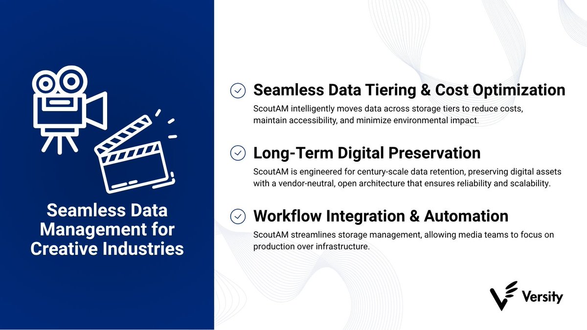 Versity empowers Media &amp; Entertainment teams with scalable, efficient storage for post-production and long-term preservation - without vendor lock-in.

Learn more:  versity.com/solutions/me-s…

#MediaAndEntertainment #DigitalArchive #StorageSolutions #ContentPreservation #Versity