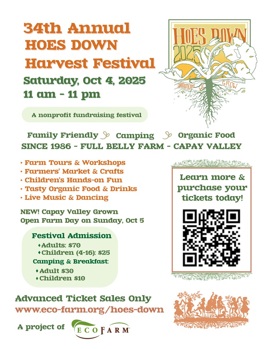 Get your tickets for the 34th Annual Hoes Down Harvest Festival!  Join us at <a href="/FullBellyFarm/">Full Belly Farm</a> in Guinda,  CA on Saturday, October 4, 2025 to spend a day celebrating sustainable agriculture and rural living.

Grab your tickets today at: ecofarm.regfox.com/hoes-down-2025!