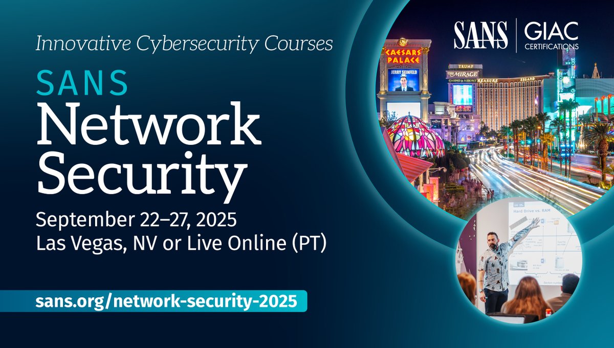 SANSInstitute's tweet photo. 🎰 High-impact cyber training. Vegas-level energy.

#SANSNetworkSecurity 2025 brings together top cybersecurity minds for a week of hands-on learning, expert instruction, and real-time threat readiness.

Learn more: https://t.co/ENt9FT4D9n

#SANSLiveTraining https://t.co/9hfEP07mpy
