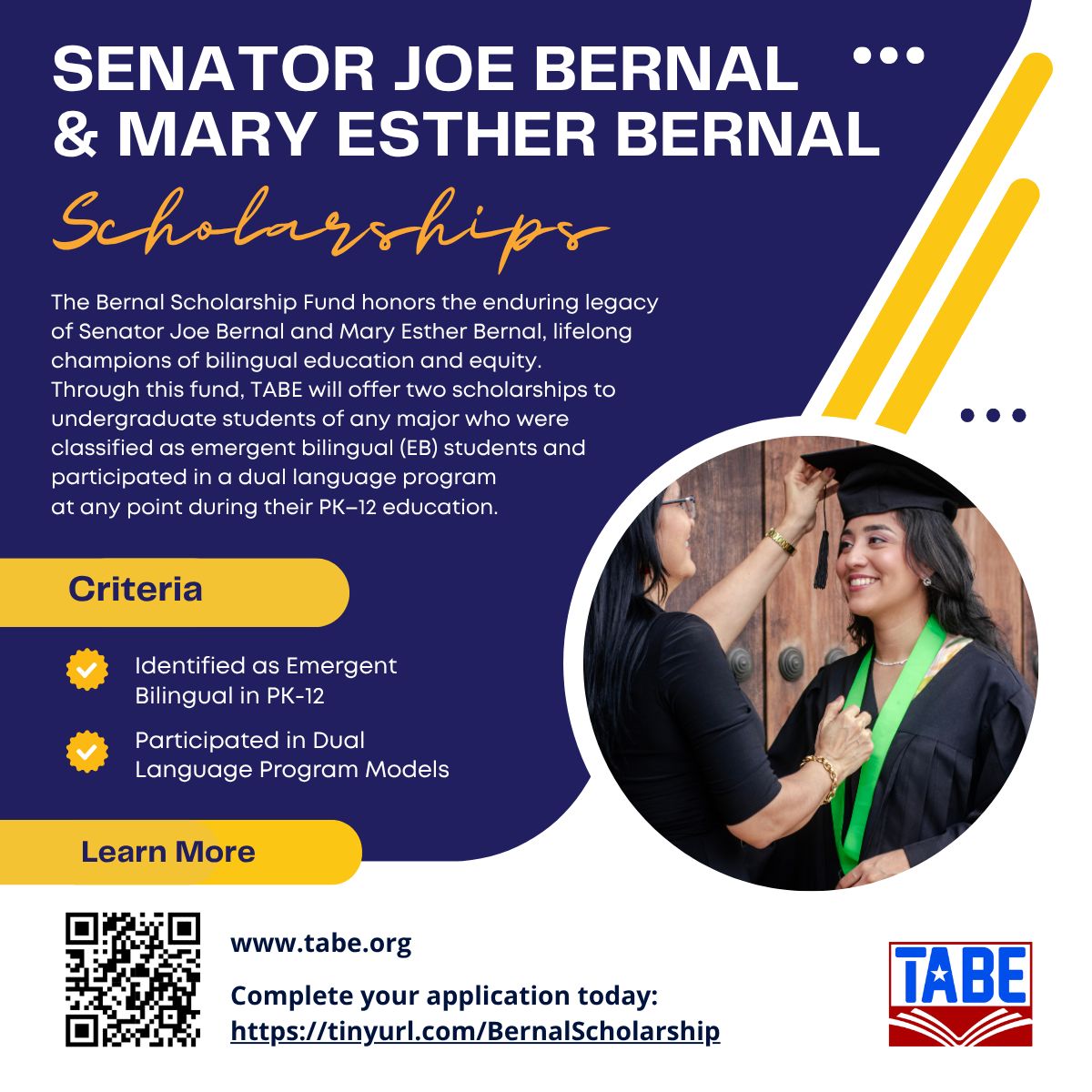 🎓 Were you part of a #duallanguage program and identified as an #EmergentBilingual in PK–12? Now an undergrad? Apply for the Senator Joe Bernal &amp; Mary Esther Bernal Scholarships! Open to all majors! 
🗓 Apply by 09/15
🔗 Details: tinyurl.com/BernalScholars… 
#TABE2025