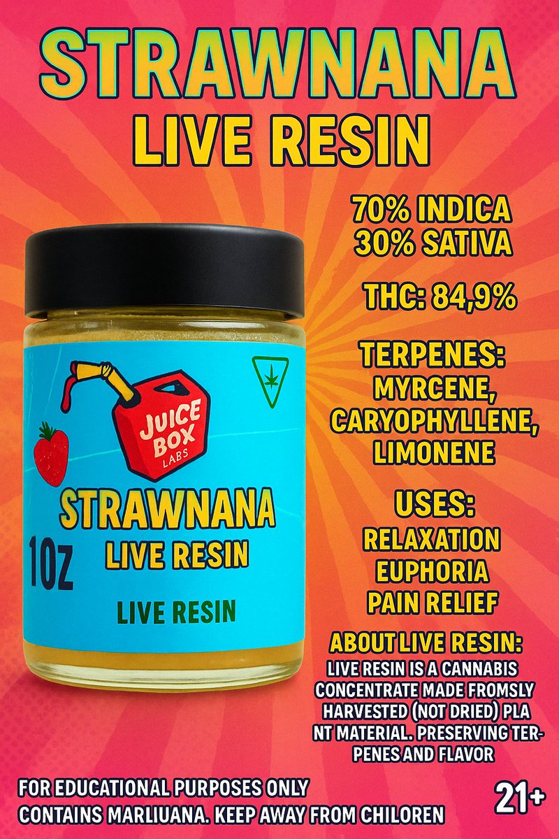 deewtimemn's tweet photo. Strawnana Live Resin (Hybrid – 70% Indica / 30% Sativa) High-potency concentrate Effects: Relaxation, euphoria, relief Live resin preserves flavor + potency. ⚠️ For educational use only. Not for sale. 21+ #LiveResin #CannabisEducation #Strawnana #Terpenes #CannabisScience #21Plus https://t.co/rsrYyXlrOo