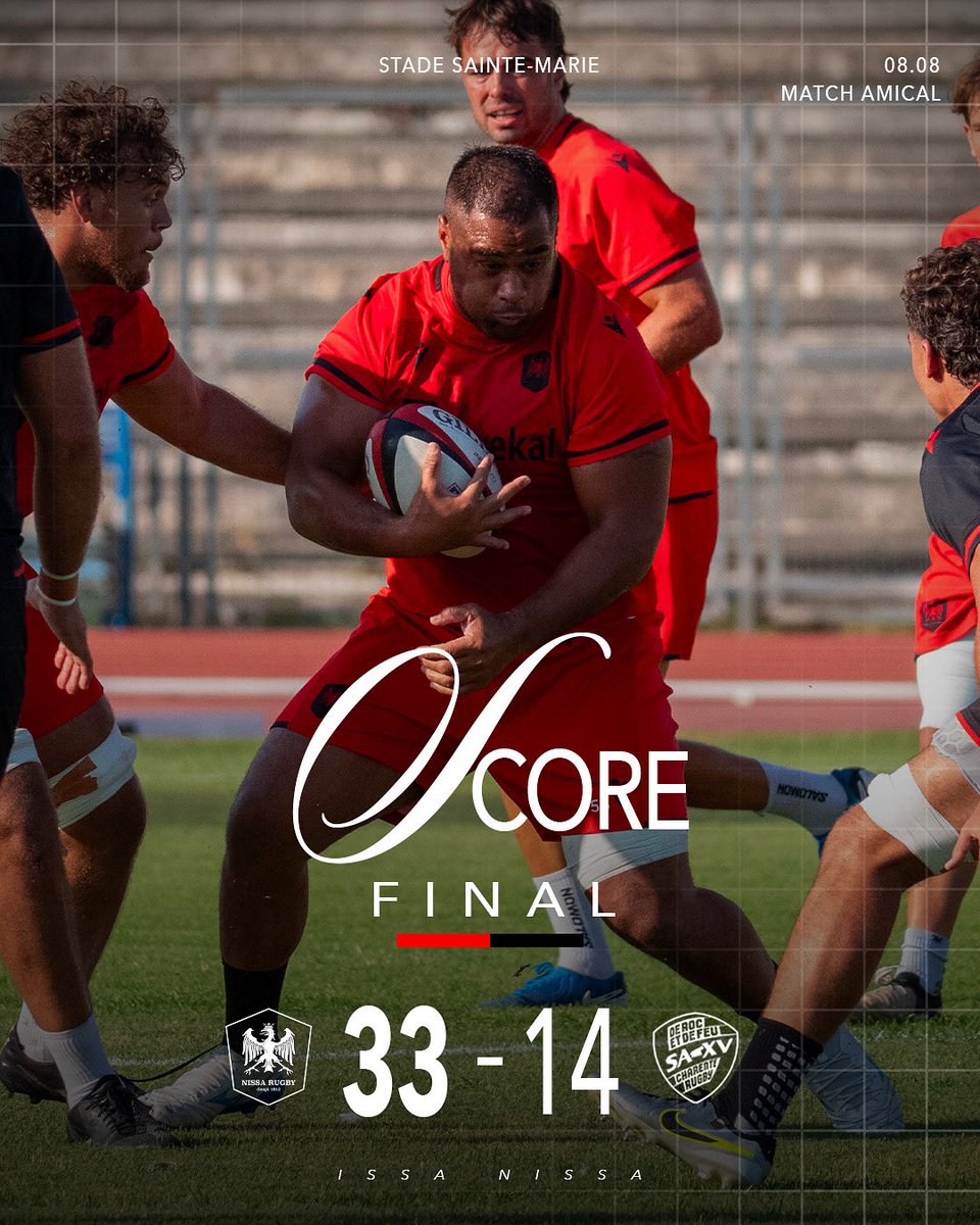 Victoire (33-14) 🔥

Match de préparation réussi pour nos Niçois, vainqueurs face à <a href="/SAXV_Charente/">SA XV Charente Rugby</a> 🤝

Plus que 14 jours avant le début de la <a href="/NationaleRugby/">Nationale Rugby</a> ⏳

#IssaNissa #NissaRugby