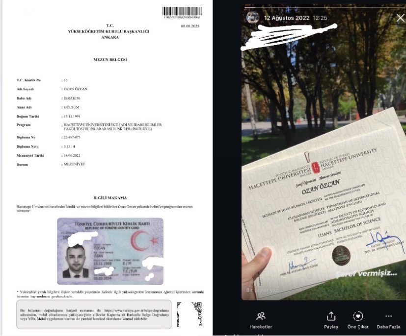 KAMUOYUNA AÇIKLAMAMDIR

Hakkımda paylaşılan sahte diploma almış haberleri iftiradır. Aşağıda paylaştığım belgelerde de görüldüğü üzere ben 2022 yılında mezun oldum ve diplomamın fotoğrafını o gün Instagram’da paylaşmıştım yalan haberde 2025 mezunu olduğum yazıyor. 

Benim annemin