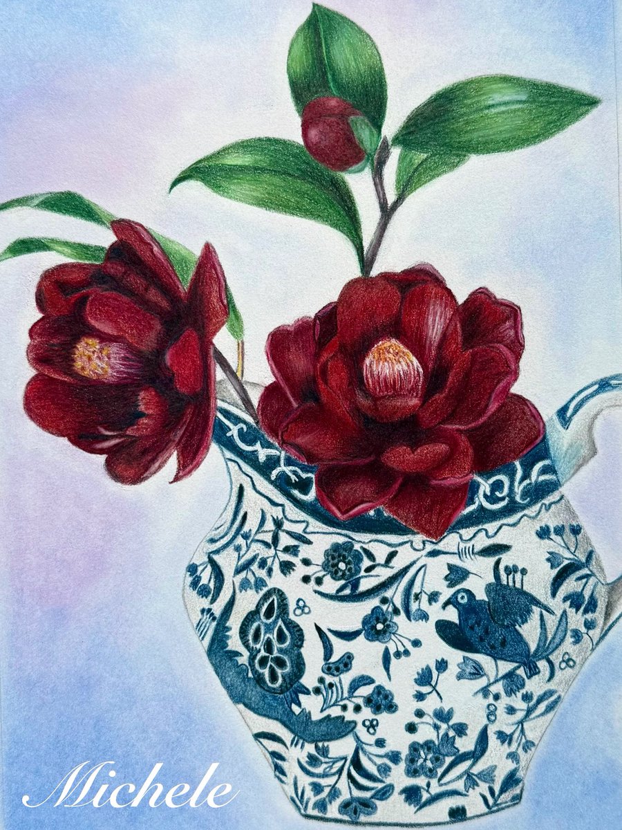 Happy Friday! 🙋🏻‍♀️ I hope you enjoy my #artwork paying homage to roses &amp; blue &amp; white…2 of my favorite things! 💙🥀🤍 #FlowersOnFriday #flowers #rose #art #myartwork #artists #myart #coloredpencil #FlowersOnX #FlowerLove #flower #roses #flowerartist #handmade