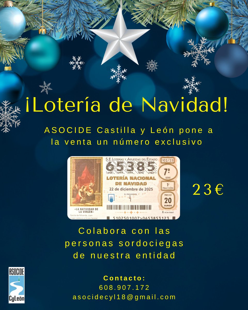 🌟🎄🎄¡Ya tenéis disponible nuestra Lotería de Navidad!🎄🎄🌟

En ASOCIDE CyL, por primera vez, ponemos a vuestra disposición un número de la lotería de Navidad, un número solidario con las personas Sordociegas de Castilla y León.

🍀🍀 MUCHA SUERTE 🍀 🍀