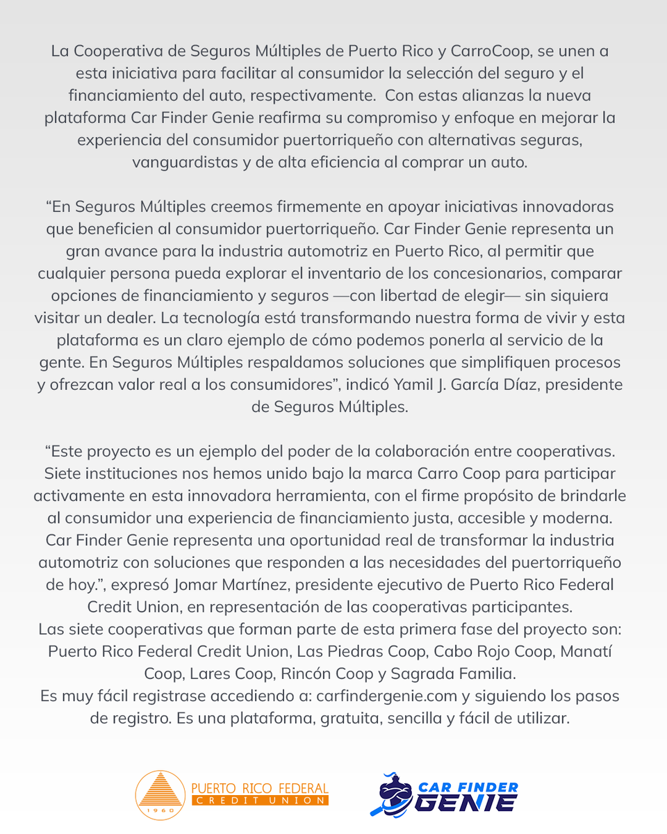 prfcu's tweet photo. Car Finder Genie llega como una innovadora plataforma tecnológica que cambiará la forma de buscar y comparar vehículos en la Isla.

¡Y Puerto Rico Federal Credit Union forma parte de la primera fase del proyecto! https://t.co/v0mxDAqdh1