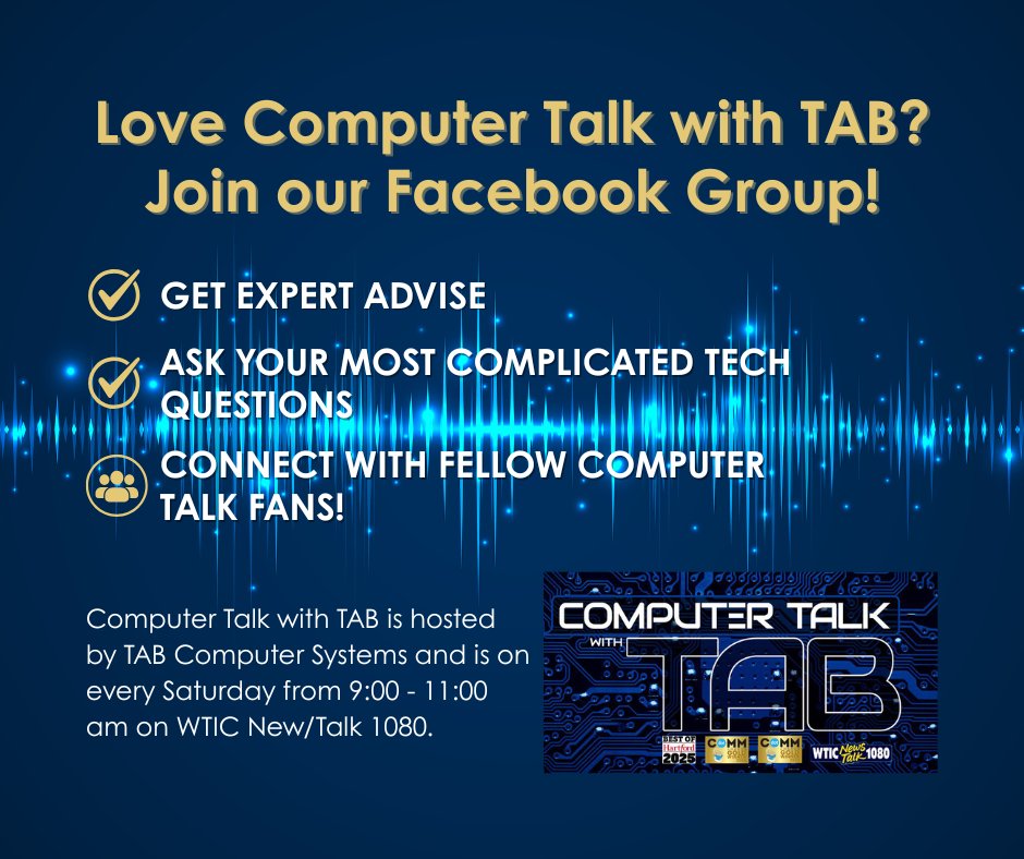 TABComputerSys's tweet image. Love #computertalkwithtab? Join our Facebook group for links to the topics discussed on the show and get help from other CTWT listeners. facebook.com/groups/compute…
Listen every Saturday from 9:00 - 11:00 am on WTIC/News Talk 1080.