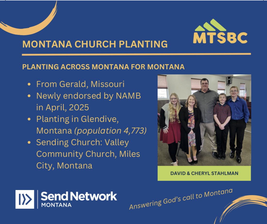 Welcome David &amp; Cheryl Stahlman planting a new church in Glendive, MT.  
Pray for favor as they engage their community this summer with multiple outreaches and make disciples as they spread the hope of the gospel. 
#wearesendnetwork 
<a href="/sendnetwork/">Send Network</a>