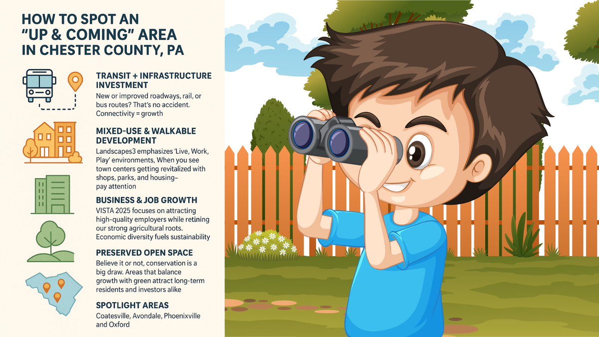 BCCommercialAg's tweet photo. Want to spot an "up &amp; coming" area in Chester County?

🔑 Look for: new transit, mixed-use growth, business investment (VISTA2025), walkability, housing starts, &amp; preserved open space (Landscapes3).

👀 Coatesville, Avondale, Oxford—watch these spots!

#CRE #Chesco #Landscapes3 https://t.co/Ju5IRTmj6t