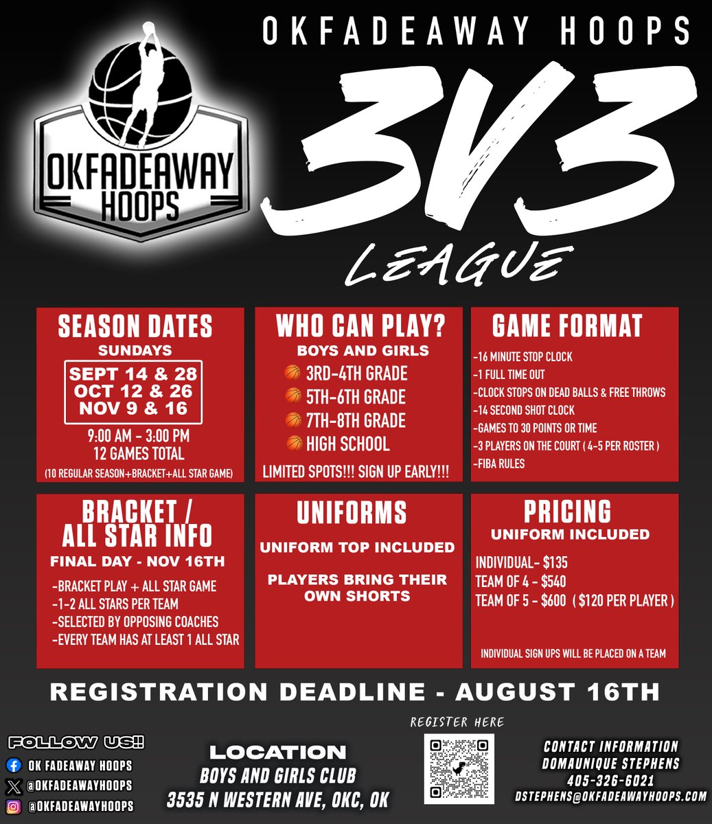 🚨 2025 Fall Schedule is LIVE!
🏀 1-Day Bracket Bashes (Rings!)
📆 Run &amp; Done (2 or 3 games)
🔥 D1/D2 2-Day Tourneys
👟 3v3 League
💯 Premier: Turkey Tip-Off @ YFAC w/ 30-sec shot clock (7th+)

📲 Register now: okfadeawayhopps.com
#FadeawayHoops