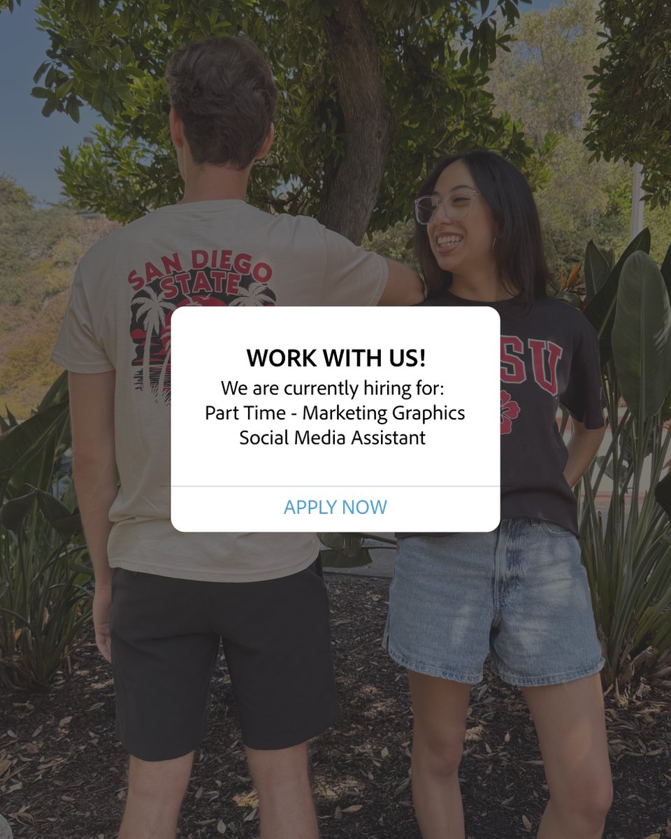 We're hiring! Aztec Shops is hiring a Part Time - Marketing Graphics Social Media Assistant. If you or someone you know might be a good fit, you can find and share the  job listing in our bio! 

#SDSU #SDSUBookstore #NowHiring