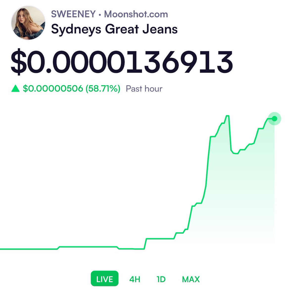 sweenjean's tweet photo. WE AIN’T DONE YET

$SWEENEY on sale NOW!!!

Don’t miss out 🙅‍♂️

Check out Sydneys Great Jeans on Moonshot: https://t.co/6wHpXzq5H6 https://t.co/rllfQtpCrs