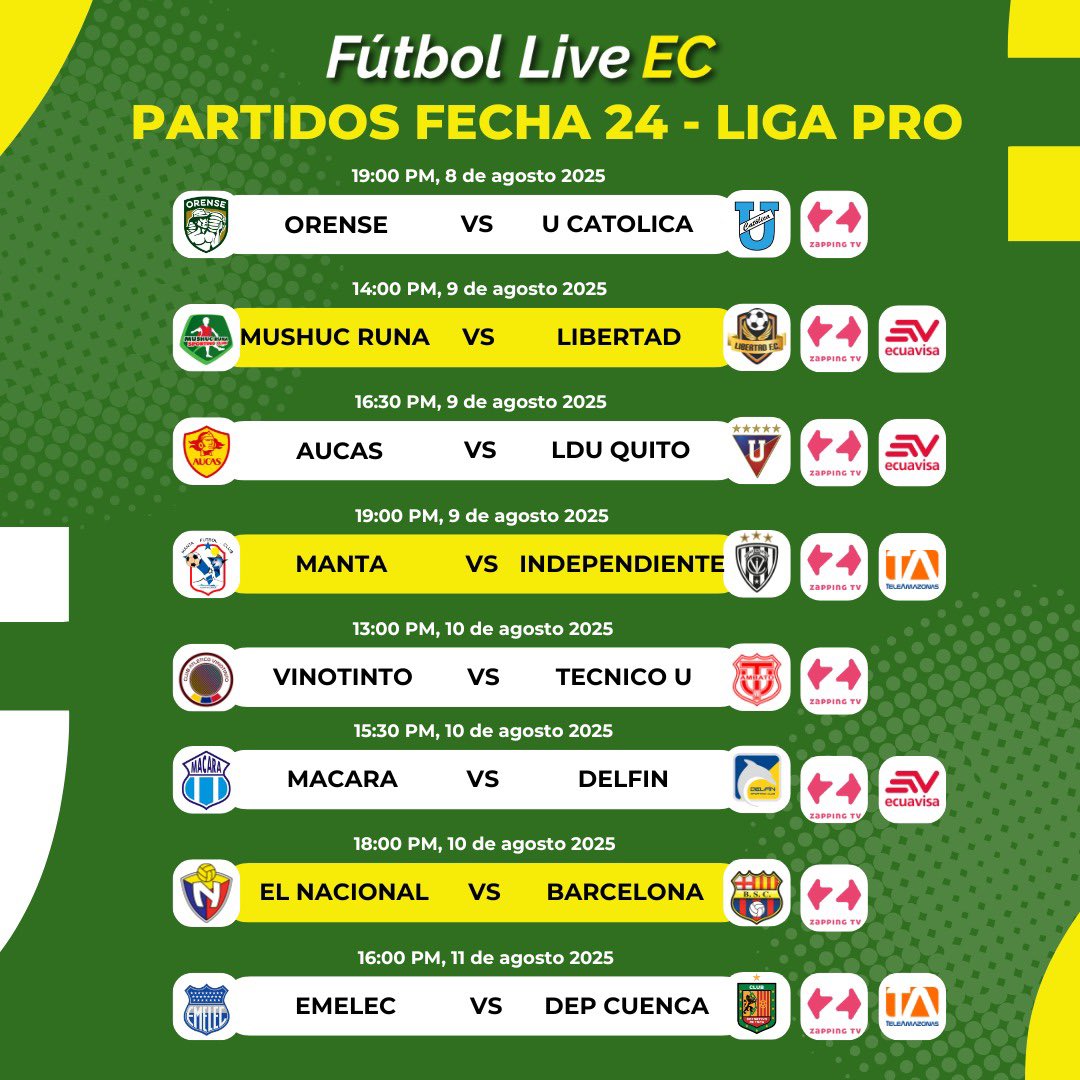 ⚽️ Arranca la nueva jornada deportiva del campeonato ecuatoriano y así se jugará la Fecha 24 de la Liga Pro 🇪🇨

📲 Siga todas las emociones en nuestra señal digital.