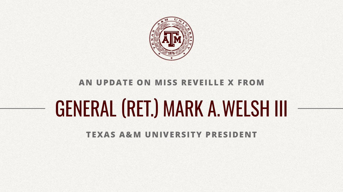 Texas A&M University (@tamu) on Twitter photo An update from President Welsh on <a href="/reveille/">Reveille X</a>:
Howdy, Ags! I'm happy to report that the pathology report from her recent surgery has been reviewed by our extraordinary veterinary care team, who have confirmed the tissue is benign – the best possible result for our beloved Miss An update from President Welsh on <a href="/reveille/">Reveille X</a>:
Howdy, Ags! I'm happy to report that the pathology report from her recent surgery has been reviewed by our extraordinary veterinary care team, who have confirmed the tissue is benign – the best possible result for our beloved Miss