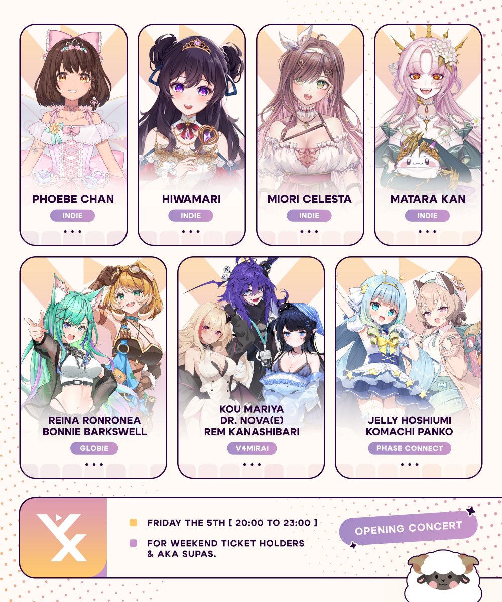 [Concert Announcement]
🎊 Let's get this party started! 🎊

Announcing our opening concert! Starting Friday 5th September at 8pm for all weekend and Akasupa ticket holders, come indulge in two hours of incredible Vtuber performances live at the NEC! 🎤🎶

Get your tickets now for