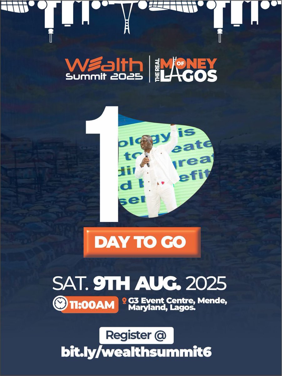 1 Day to Go 

The wait is almost over; the doors to wealth, wisdom, and opportunity open wide! 

Date: Saturday, August 9th
Time: 10AM
Venue: G3 Event Centre, Maryland, Lagos

Register now via  tinyurl.com/WealthSummit20… 

#wealthsummit #inclusivity #wealth #financialfreedom