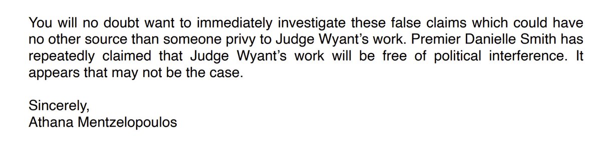 JSJamato's tweet image. This morning several journalists, including myself, received a letter from former AHS CEO Athana Mentzelopoulos.

She says she's never refused an interview with Judge Wyant (as has been rumoured) and is concerned about leaks in the judge's office. Story tonight. #ableg #cdnpoli