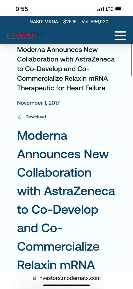 <a href="/AndrewZywiecMD/">Andrew Zywiec, M.D.</a> Yes.  They have it already. Moderna has RELAXIN which is in phase one trials that is for “ heart failure “.  You know the heart failure you get from some other shots. They been working on that since 2017.  

s29.q4cdn.com/435878511/file…