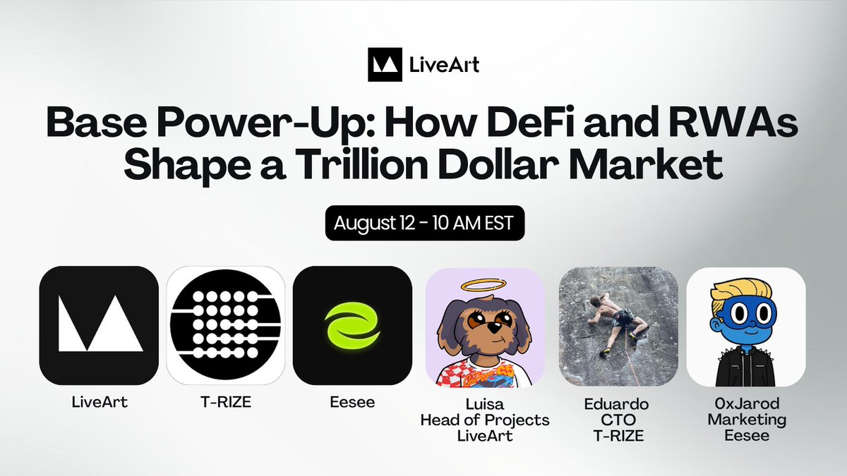 LiveArtX's tweet image. 🎙️ RWA Power-Up: How DeFi and RWAs Shape a Trillion Dollar Market
Join us on Tuesday August 12 at 10AM EST to explore RWAs as a Trillion Dollar opportunity with leaders: @trize_io, @eesee_io, @0xJarod, @EduardoFuture, & @LuisaLeonnu
📍On X & YouTube