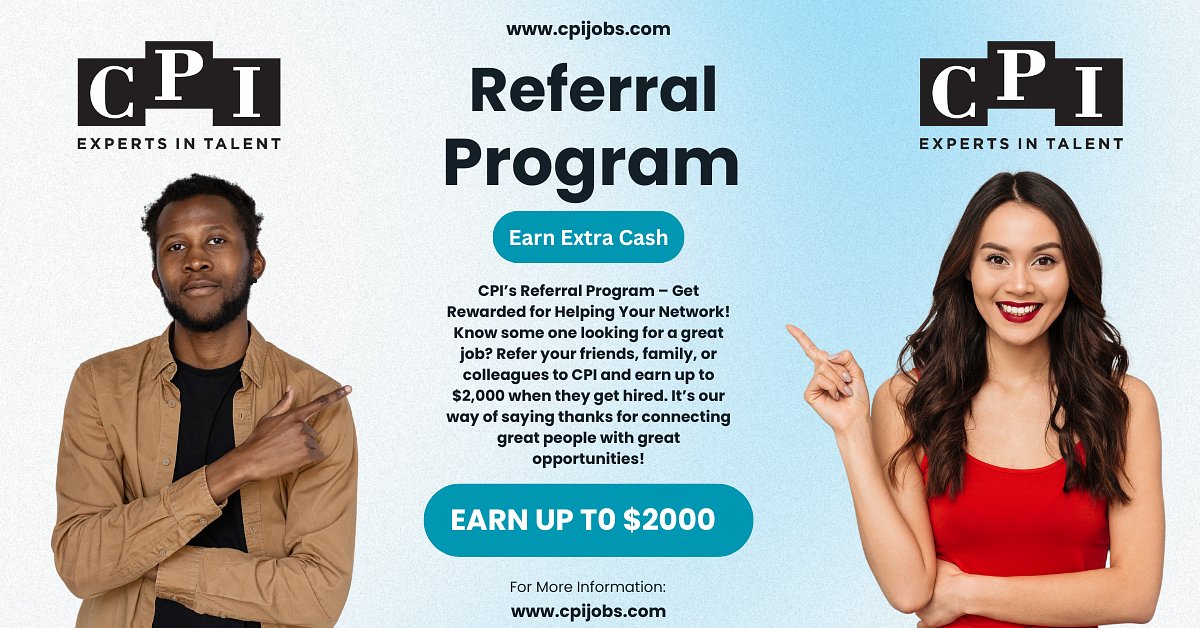 CPIJobsInc's tweet image. 💼 Refer a Friend &amp;amp; Earn Up to $2,000! 💵 Know someone looking for a great job? Refer them to CPI!
If your referral gets hired, you could earn up to $2,000. It’s that simple. To learn more and to make a referral: bit.ly/3CSOov3 #JobReferrals