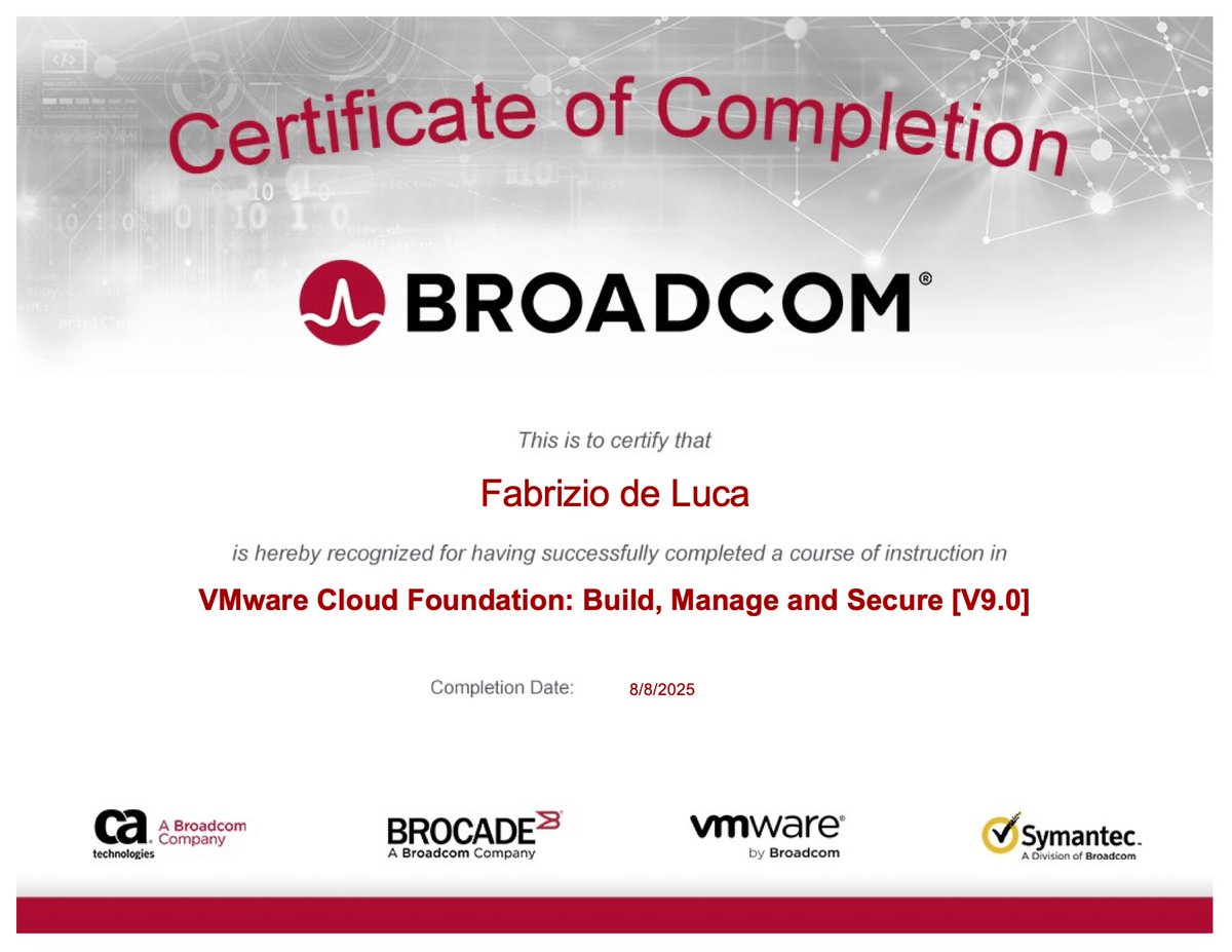 fdlsistemi's tweet image. [📚Train-The-Trainers👨‍🏫] Getting ready for what&apos;s coming next!
VMware Cloud Foundation: Build, Manage, Secure [V9.0]

@VMware by @Broadcom 
@VMwareEducation @VCIprogram
#VMware by #Broadcom
#VMwareVCF #VCF9 #VMwareEducation #VCIprogram
[1/3]