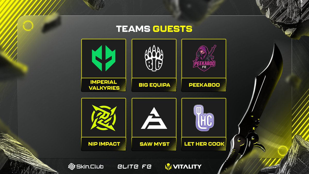 ELITE CS (@elitecs_fe) on Twitter photo This tournament will be on another level 😈
Invited teams are here :
🔸<a href="/imperialesports/">Imperial Gamdom</a> Valkyries
🔸<a href="/BIG_EQUIPA/">BIG EQUIPA</a>
🔸Peekaboo (ex Akuma)
🔸<a href="/NIP/">Ninjas In Pyjamas</a> Impact
🔸<a href="/sawggofficial/">SAW</a> Myst
🔸Let Her Cook
See you tomorrow at 1pm CET 🔥 This tournament will be on another level 😈
Invited teams are here :
🔸<a href="/imperialesports/">Imperial Gamdom</a> Valkyries
🔸<a href="/BIG_EQUIPA/">BIG EQUIPA</a>
🔸Peekaboo (ex Akuma)
🔸<a href="/NIP/">Ninjas In Pyjamas</a> Impact
🔸<a href="/sawggofficial/">SAW</a> Myst
🔸Let Her Cook
See you tomorrow at 1pm CET 🔥