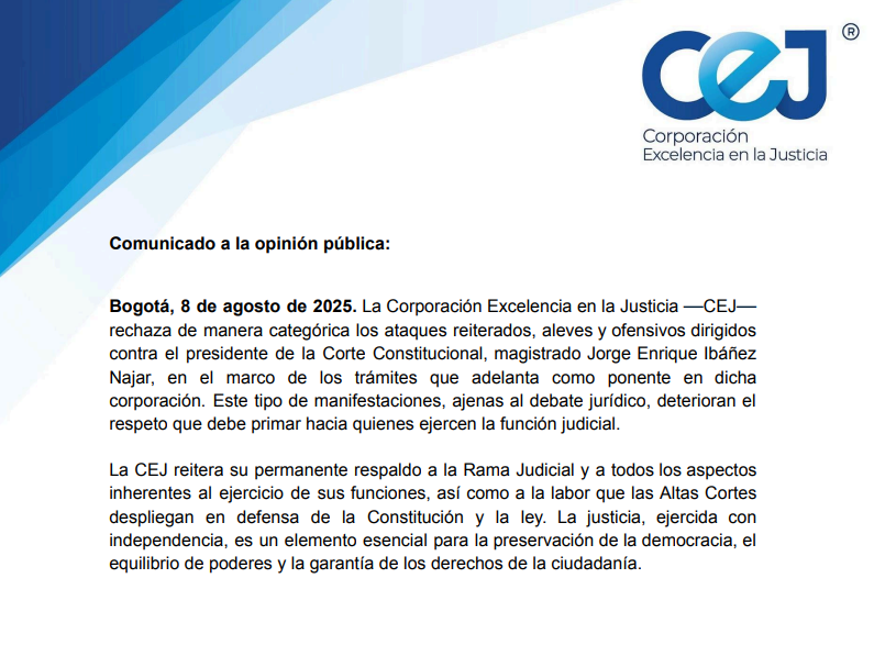 YesidLancheros's tweet photo. La Corporación Excelencia en la Justicia publicó un comunicado en el que "rechaza de manera categórica los ataques reiterados, aleves y ofensivos dirigidos contra el presidente de la Corte Constitucional, magistrado Jorge Enrique Ibáñez Najar", en el marco de sus funciones https://t.co/kajQdUVSS8