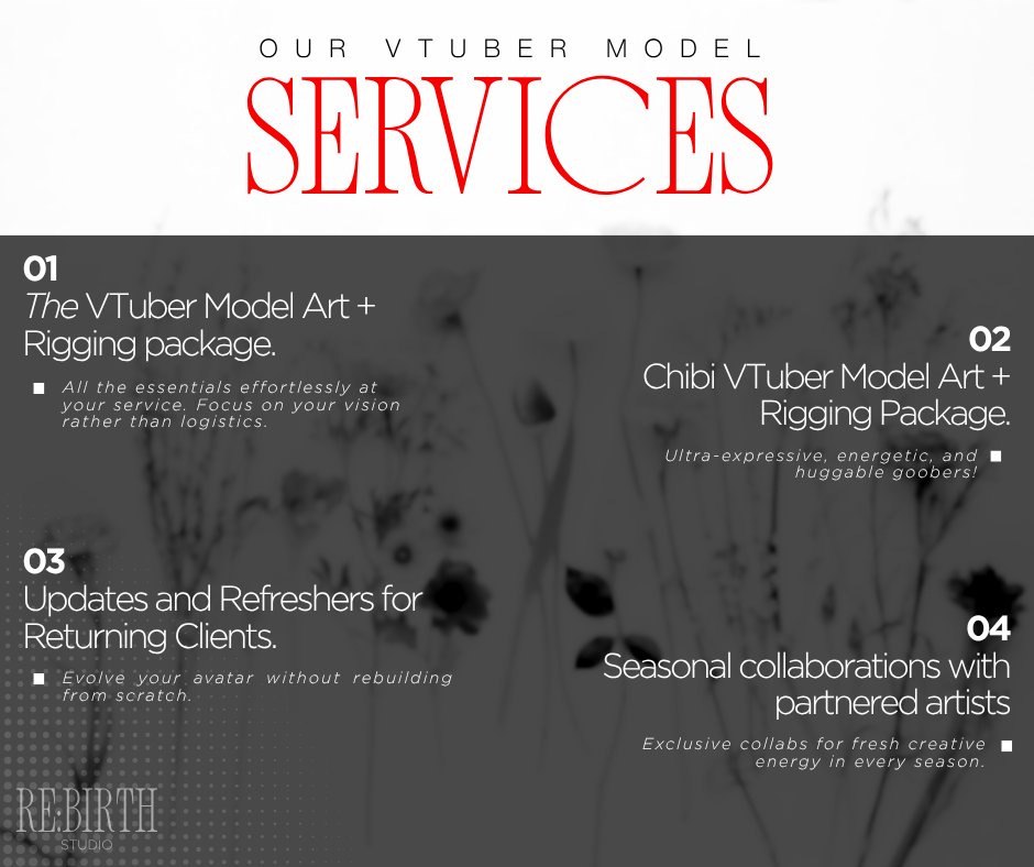 rebirthstudio_'s tweet photo. Introducing a new studio experience for VTubers 💟
-- handcrafted with services focused on precision, artistry, and collaboration. Coming soon! 

Do you have any suggestions for services we could provide? 👀 https://t.co/SN25mAhbqt