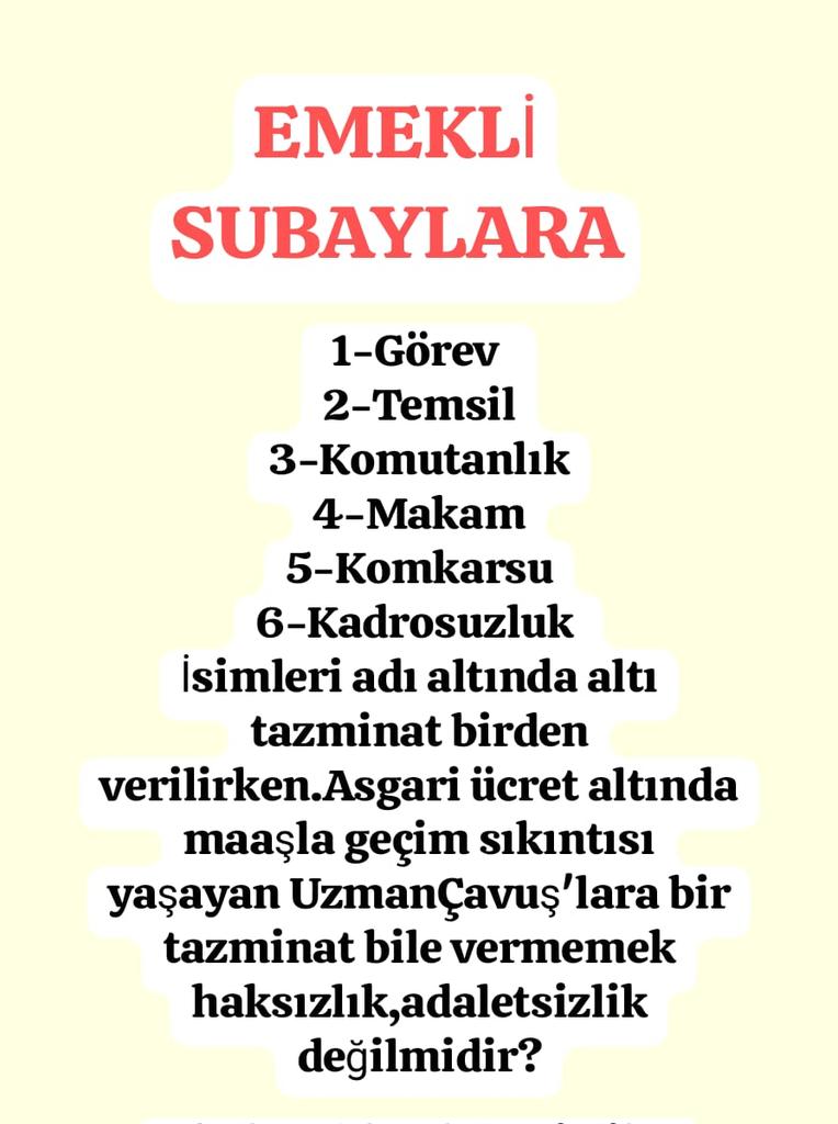 İbrahim Akduman (1) (@ibrahim_0634) on Twitter photo <a href="/MehmedYig/">Mehmed YIğıncı</a> <a href="/alitilkici38/">Ali Tilkici 🇹🇷</a> <a href="/RTErdogan/">Recep Tayyip Erdoğan</a> <a href="/tcsavunma/">T.C. Millî Savunma Bakanlığı</a> <a href="/alp_kavaklioglu/">𝑨𝒍𝒑𝒂𝒔𝒍𝒂𝒏 𝑲𝒂𝒗𝒂𝒌𝒍ı𝒐𝒈̆𝒍𝒖</a> <a href="/heybetmusa/">Musa HEYBET</a> <a href="/DursunATAS38/">Dursun ATAŞ</a> <a href="/SuayAlpay/">Şuay Alpay🇹🇷</a> <a href="/hulusiakarmedya/">Hulusi AKAR</a> <a href="/TSKGnkur/">TSK</a> <a href="/mehmetucum/">Mehmet Uçum</a> <a href="/refik_ozen16/">refik ozen</a> <a href="/memetsimsek/">Mehmet Simsek</a> <a href="/cagatayozdemirr/">Çağatay Özdemir</a> <a href="/iletisim/">T.C. İletişim Başkanlığı</a> <a href="/dbdevletbahceli/">Devlet Bahçeli</a> <a href="/Akparti/">AK Parti</a> <a href="/MHP_Bilgi/">MHP</a> <a href="/herkesicinCHP/">CHP 🇹🇷</a> <a href="/eczozgurozel/">Özgür Özel</a> <a href="/cuneytozdemir/">cüneyt özdemir</a> <a href="/Yilmaz_Ozdill/">Yılmaz ÖZDİL</a> <a href="/iyiparti/">İYİ Parti</a> <a href="/zaferpartisi/">Zafer Partisi</a> <a href="/HMBakanligi/">T.C. Hazine ve Maliye Bakanlığı</a> <a href="/Anahtarpartim/">Yavuz AĞIRALİOĞLU Gönüllüleri🇹🇷</a> EMEKLİ SUBAYLARA;
1-Görev
2-Temsil
3-Komutanlık
4-Makam
5-Komkarsu
6-Kadrosuzluk
İsimleri adı altında altı tazminat birden verilirken.Asgari ücret altında maaşla geçim sıkıntısı yaşayan #UzmanÇavuş'lara bir #tazminat bile vermemek haksızlık,adaletsizlik değilmidir?
#EmekliMemur <a href="/MehmedYig/">Mehmed YIğıncı</a> <a href="/alitilkici38/">Ali Tilkici 🇹🇷</a> <a href="/RTErdogan/">Recep Tayyip Erdoğan</a> <a href="/tcsavunma/">T.C. Millî Savunma Bakanlığı</a> <a href="/alp_kavaklioglu/">𝑨𝒍𝒑𝒂𝒔𝒍𝒂𝒏 𝑲𝒂𝒗𝒂𝒌𝒍ı𝒐𝒈̆𝒍𝒖</a> <a href="/heybetmusa/">Musa HEYBET</a> <a href="/DursunATAS38/">Dursun ATAŞ</a> <a href="/SuayAlpay/">Şuay Alpay🇹🇷</a> <a href="/hulusiakarmedya/">Hulusi AKAR</a> <a href="/TSKGnkur/">TSK</a> <a href="/mehmetucum/">Mehmet Uçum</a> <a href="/refik_ozen16/">refik ozen</a> <a href="/memetsimsek/">Mehmet Simsek</a> <a href="/cagatayozdemirr/">Çağatay Özdemir</a> <a href="/iletisim/">T.C. İletişim Başkanlığı</a> <a href="/dbdevletbahceli/">Devlet Bahçeli</a> <a href="/Akparti/">AK Parti</a> <a href="/MHP_Bilgi/">MHP</a> <a href="/herkesicinCHP/">CHP 🇹🇷</a> <a href="/eczozgurozel/">Özgür Özel</a> <a href="/cuneytozdemir/">cüneyt özdemir</a> <a href="/Yilmaz_Ozdill/">Yılmaz ÖZDİL</a> <a href="/iyiparti/">İYİ Parti</a> <a href="/zaferpartisi/">Zafer Partisi</a> <a href="/HMBakanligi/">T.C. Hazine ve Maliye Bakanlığı</a> <a href="/Anahtarpartim/">Yavuz AĞIRALİOĞLU Gönüllüleri🇹🇷</a> EMEKLİ SUBAYLARA;
1-Görev
2-Temsil
3-Komutanlık
4-Makam
5-Komkarsu
6-Kadrosuzluk
İsimleri adı altında altı tazminat birden verilirken.Asgari ücret altında maaşla geçim sıkıntısı yaşayan #UzmanÇavuş'lara bir #tazminat bile vermemek haksızlık,adaletsizlik değilmidir?
#EmekliMemur