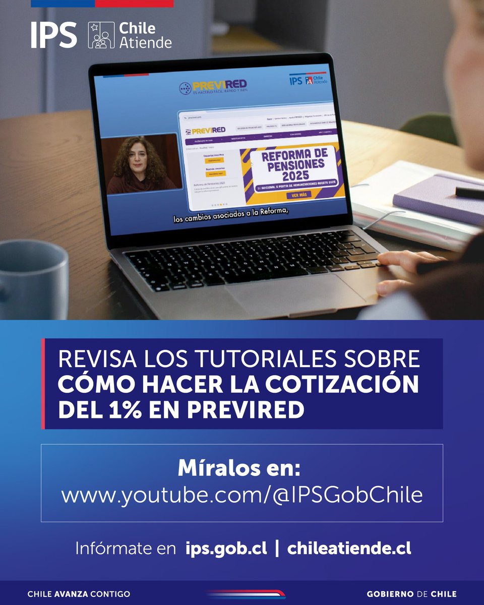 💡Si eres empleador o empleadora y aún no sabes cómo hacer la cotización adicional del 1% en <a href="/PreviRed/">PREVIRED</a>, te invitamos a que revises👀 los tutoriales sobre la forma de realizar el pago✔️.
💻📲Ocupa tu computador o celular para verlos acá➡️ youtube.com/@IPSGobChile